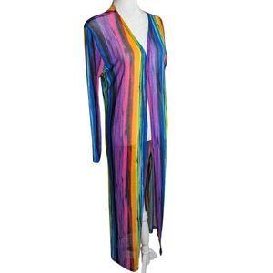 NYC Rainbow Multicolor Striped Stretch Sheer Mesh Duster Open Coverup XL